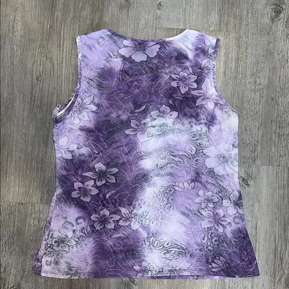 dressbarn Purple Floral Knit Sleeveless Ruffle top Large - Picture 4 of 6